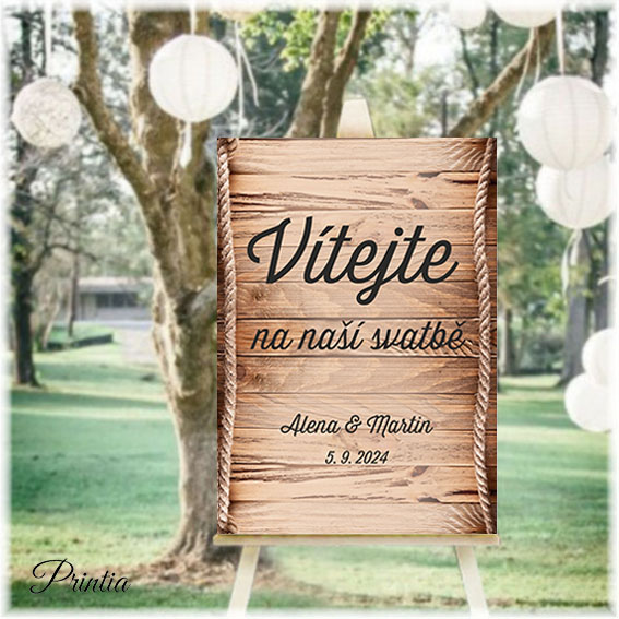 Wedding welcome sign with wooden background
