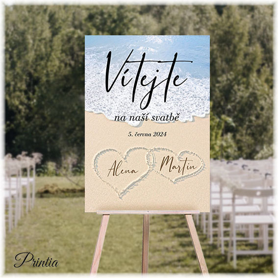 Wedding welcome sign with hearts on the beach