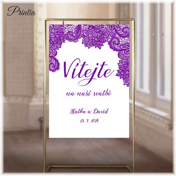 Wedding welcome sign with purple lace