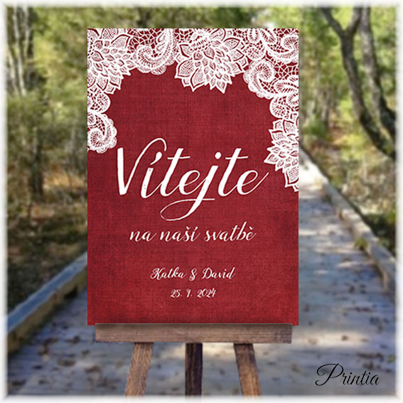 Wedding welcome sign with white lace