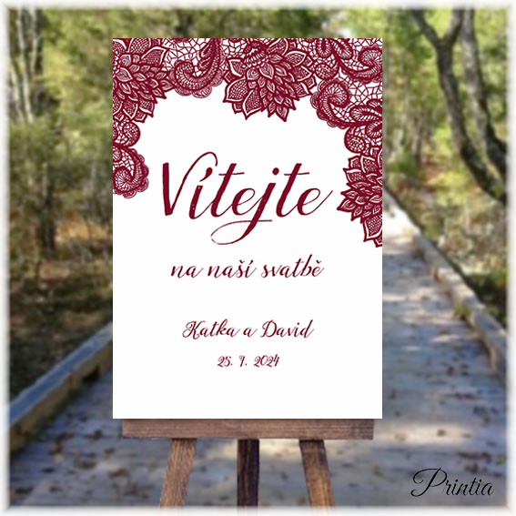 Wedding welcome sign with burgundy lace