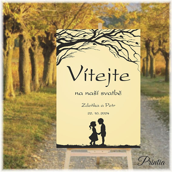 Wedding welcome sign with couple silhouette