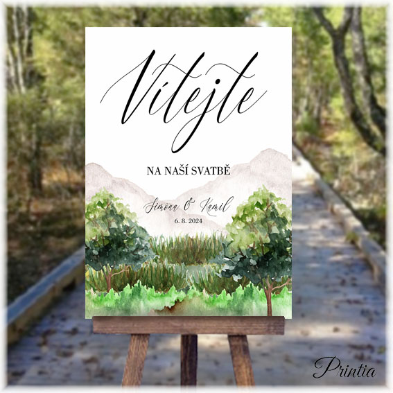 Wedding welcome sign with mountains