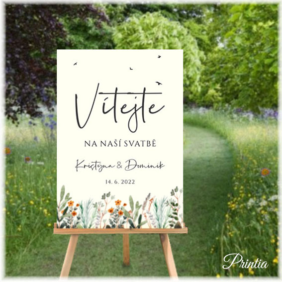 Wedding welcome sign with meadow flowers