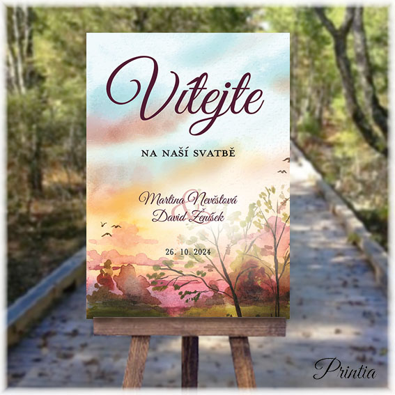 Wedding welcome sign with autumn landscape