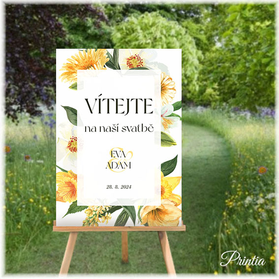 Wedding welcome sign with yellow flowers