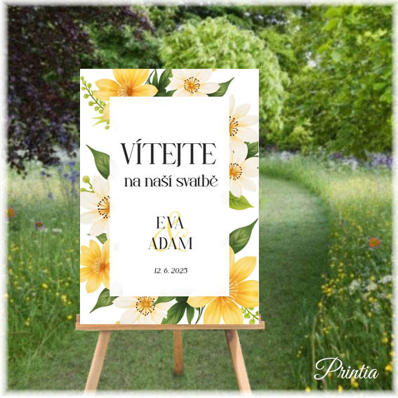 Wedding welcome sign with yellow flowers