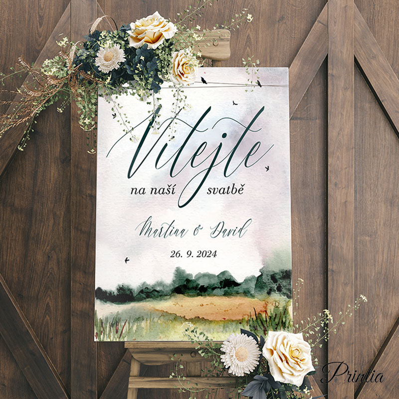 Wedding welcome sign with landscape with birds