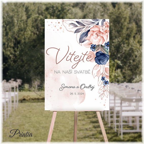 Wedding welcome sign with blue flowers