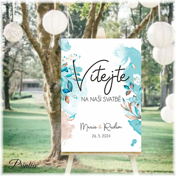 Wedding welcome sign with turquoise flowers