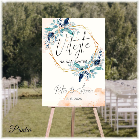 Wedding welcome sign with turquoise flowers