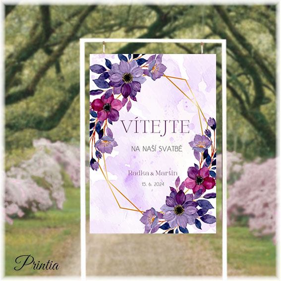 Wedding welcome sign with purple flowers