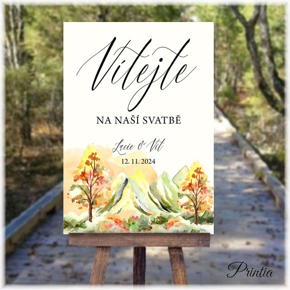 Wedding welcome sign with autumn landscape