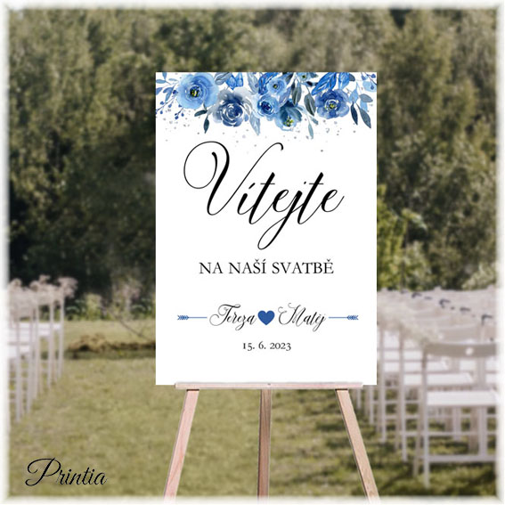 Wedding welcome sign with blue flowers 