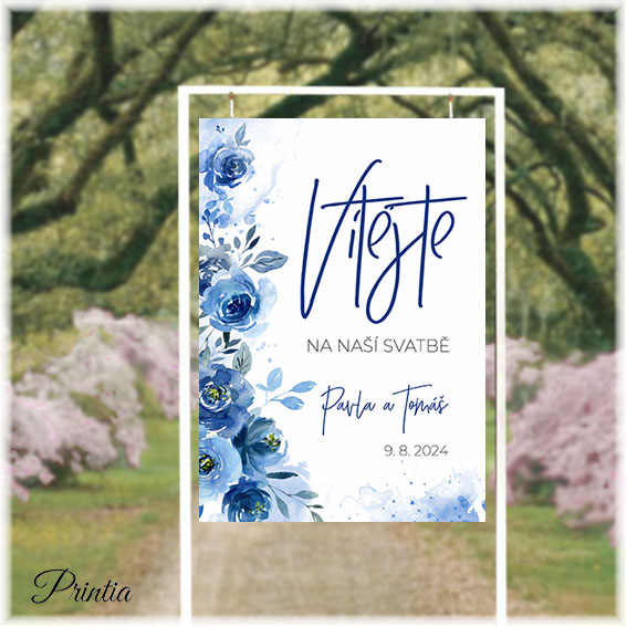 Wedding welcome sign with blue flowers
