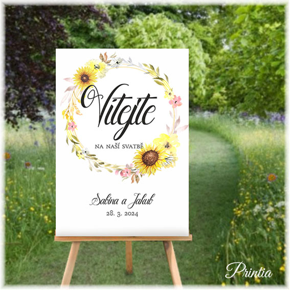 Wedding welcome sign with a wreath of sunflowers