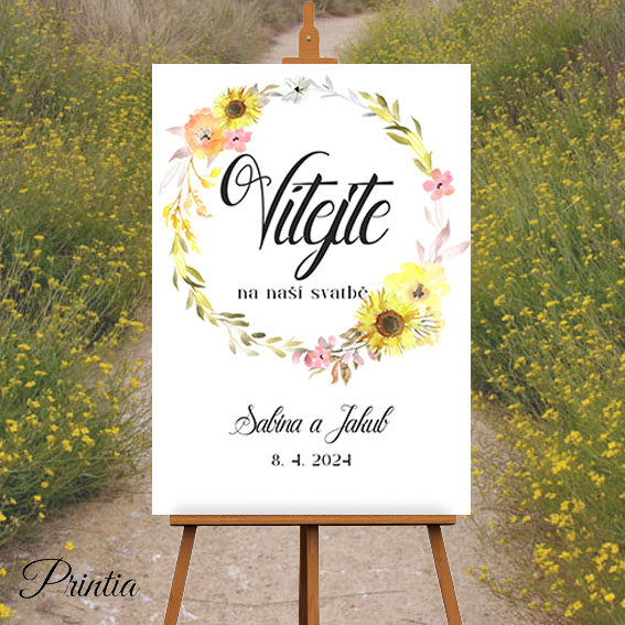 Wedding welcome sign with sunflowers