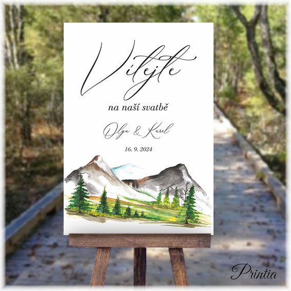 Wedding welcome sign with mountains