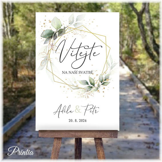 Geometric wedding welcome sign with leaves