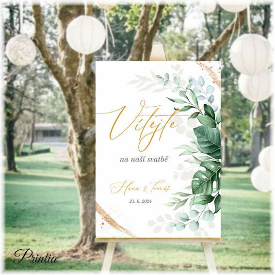 Wedding welcome sign with green leaves