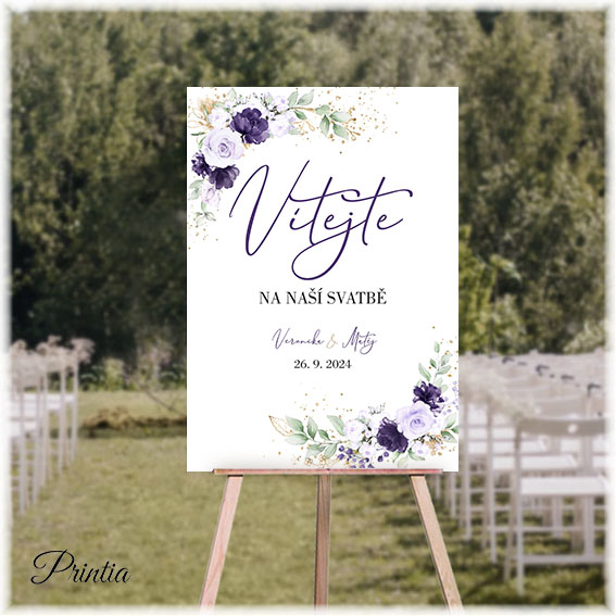 Wedding welcome sign with purple flowers