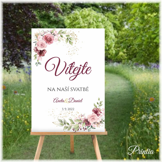 Wedding welcome sign with flowers and golden elements