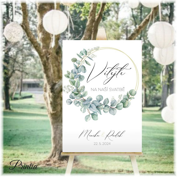 Wedding welcome sign with eucalyptus circle