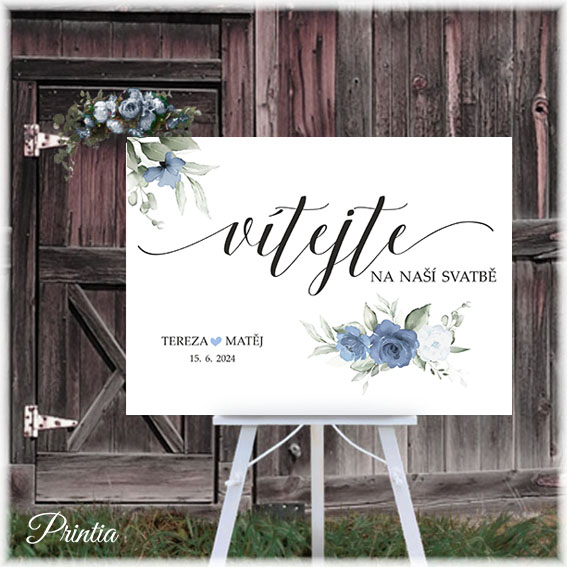Wedding welcome sign with flowers in shades of blue