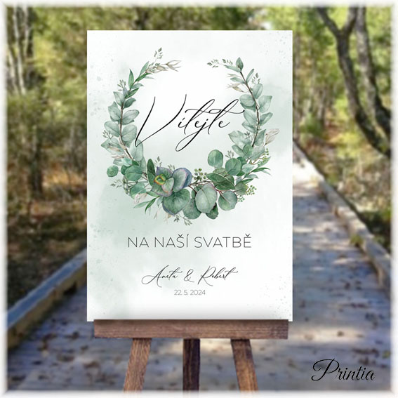 Wedding welcome sign with eucalyptus wreath