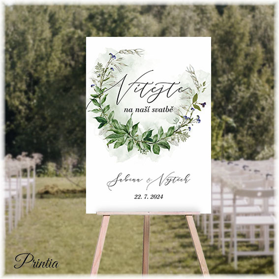 Wedding welcome sign with eucalyptus wreath