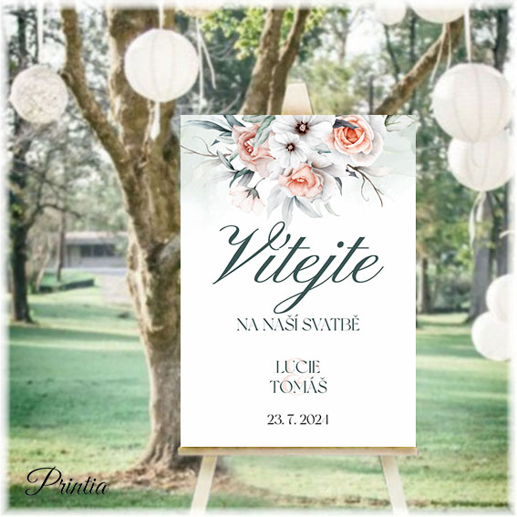 Wedding welcome sign with apricot gray flowers