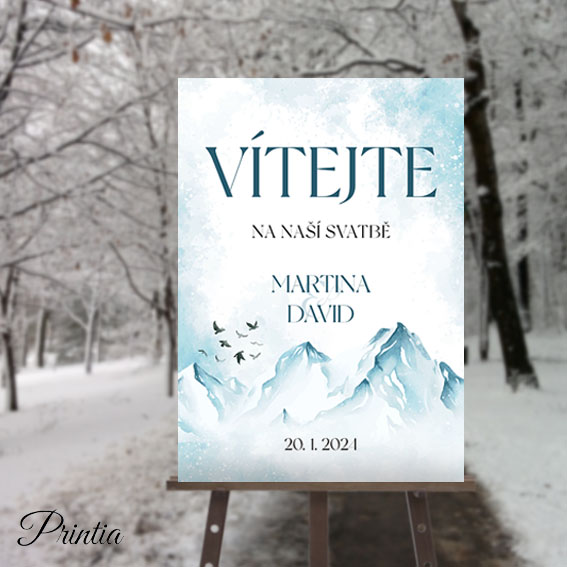 Wedding welcome sign with winter landscape