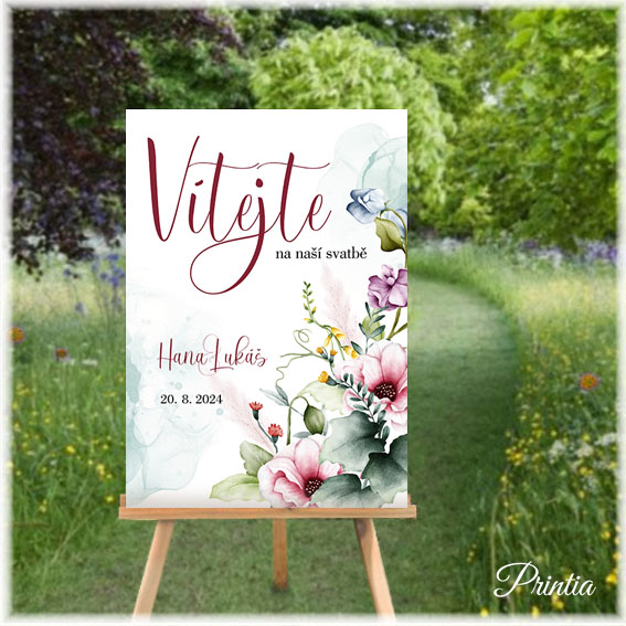 Wedding welcome sign with colorful flowers
