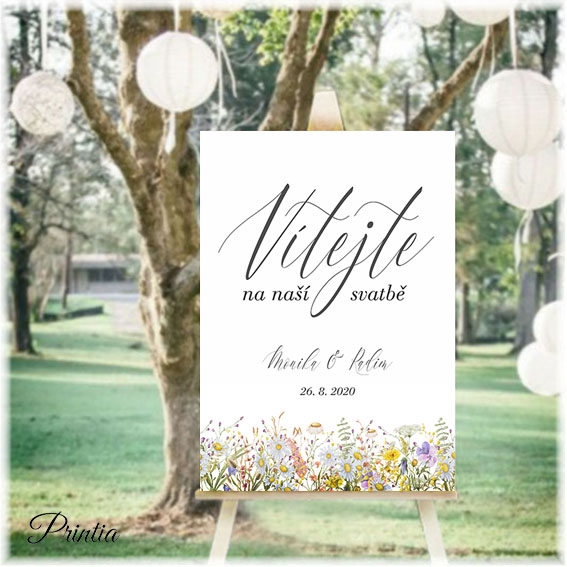 Wedding welcome sign with meadow flowers
