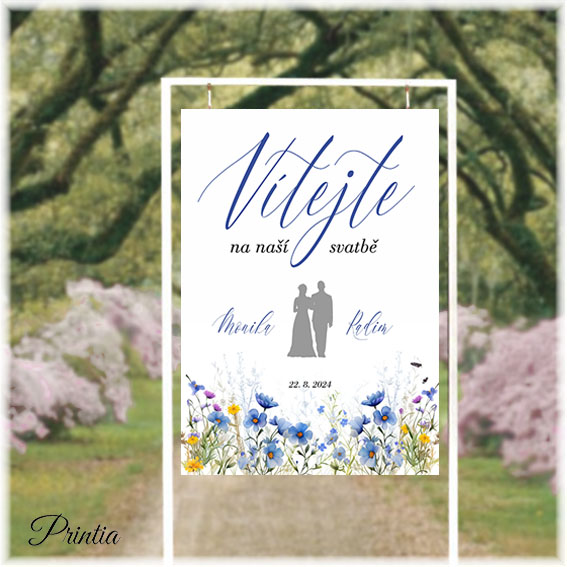 Wedding welcome sign with blue flowers