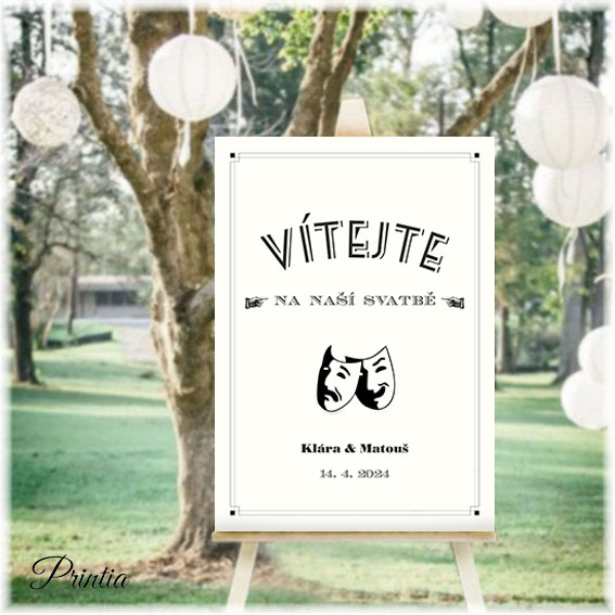Wedding welcome sign with theater masks