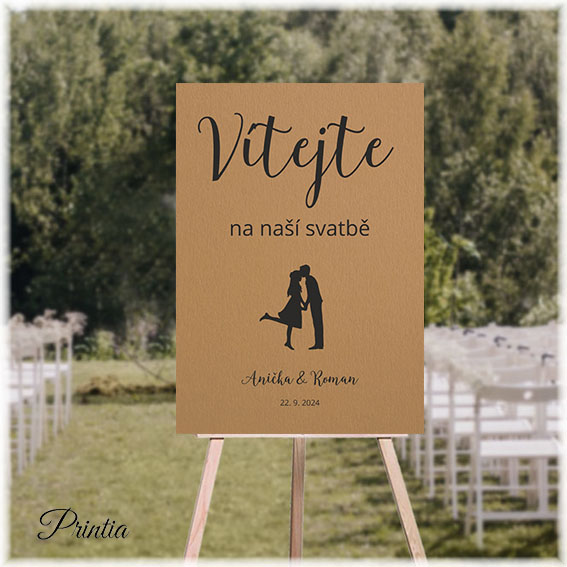 Wedding welcome sign with couple silhouette