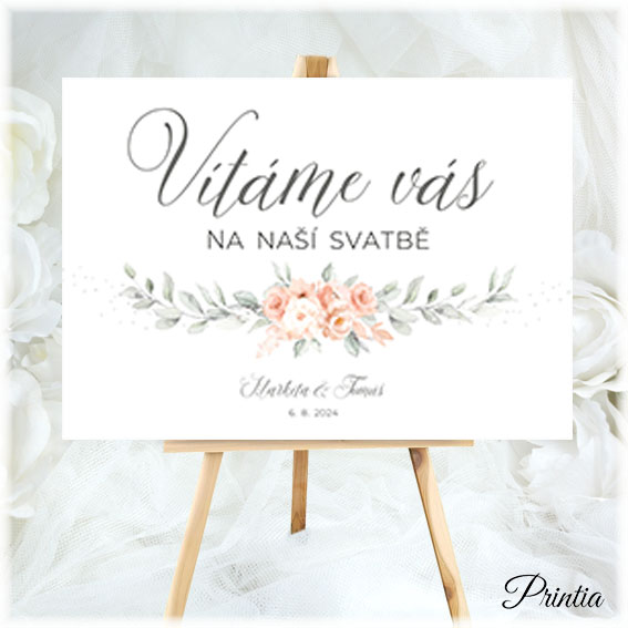 Wedding welcome sign with apricot flowers