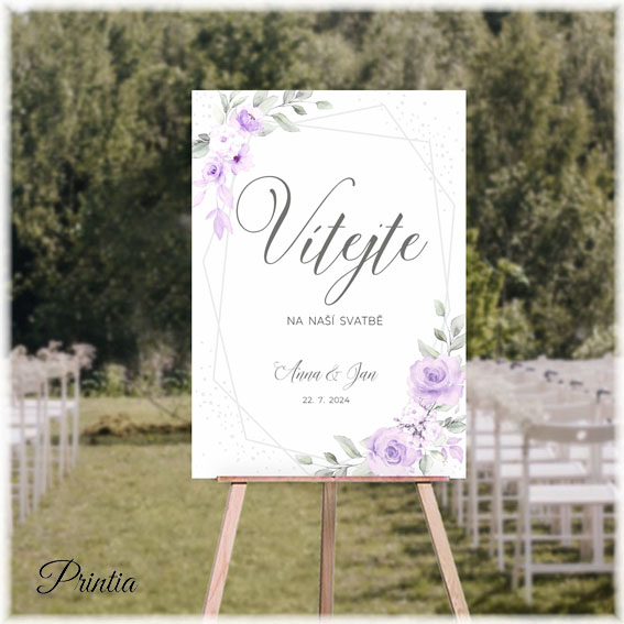 Wedding welcome sign with purple flowers