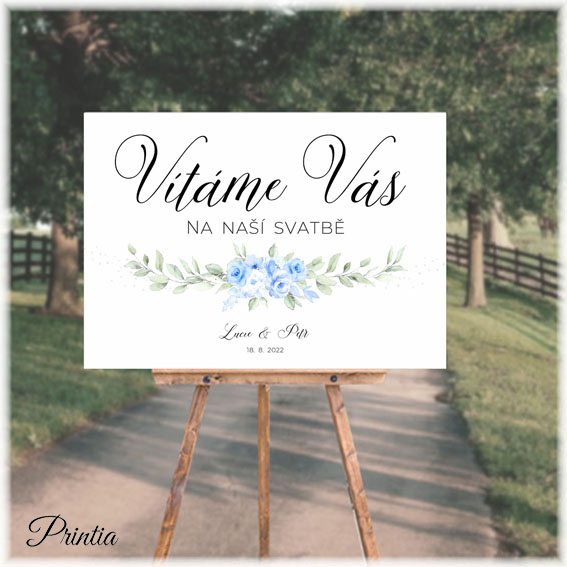 Wedding welcome sign with blue flowers