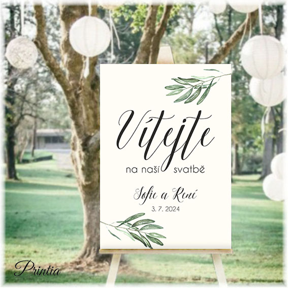 Wedding welcome sign with olive branches