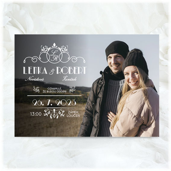 Wedding invitation with photo and ornaments with initials 