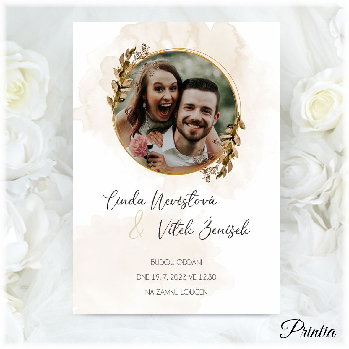 Wedding invitation with photo in a circle with twigs