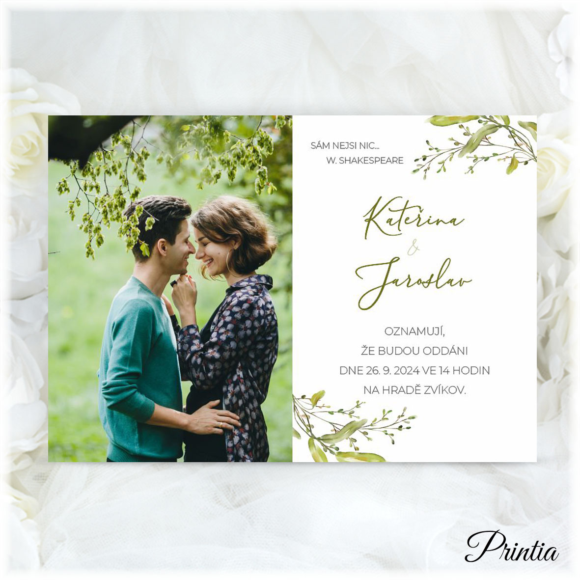 Wedding invitation with photo and watercolor twigs