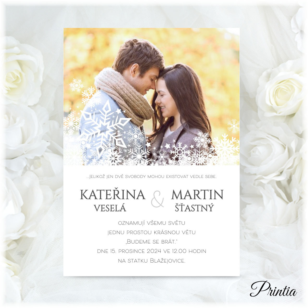 Winter wedding invitation with photo and snowflakes 