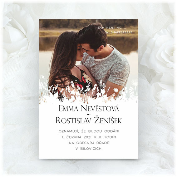 Wedding invitation with photo and white outline of meadow