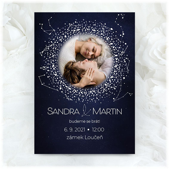 Wedding invitation with photo and night sky 