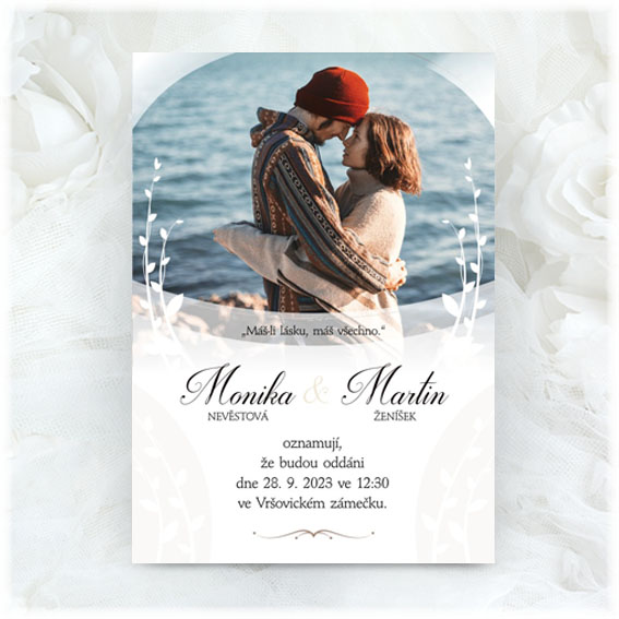 Elegant wedding invitation with photo and white twigs 