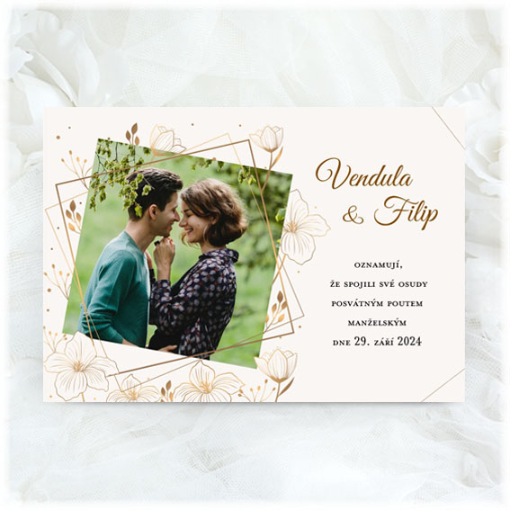 Geometric creamy wedding invitation with photos and flowers