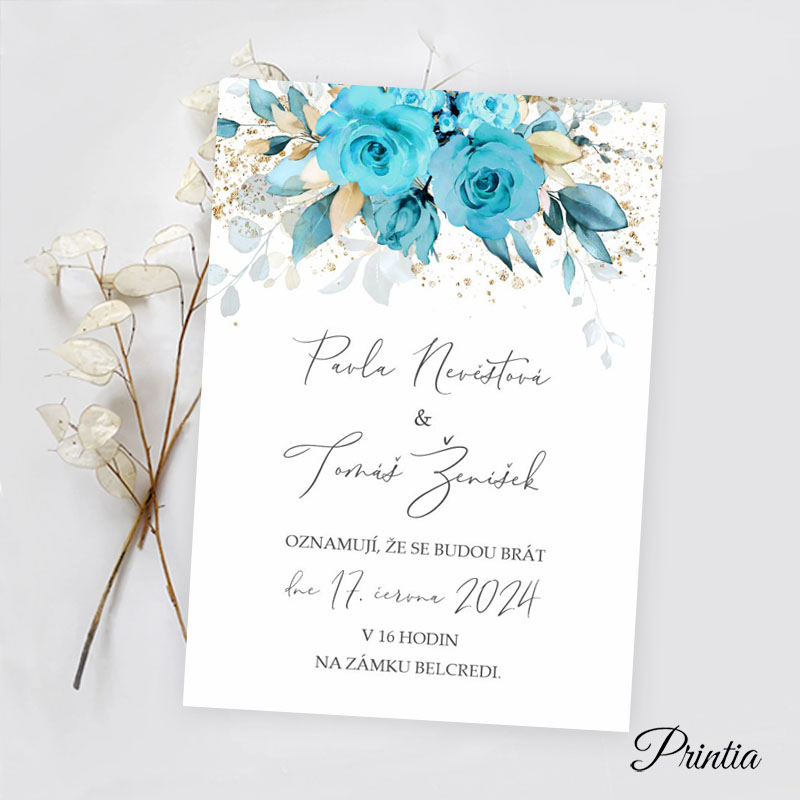 Turquoise wedding invitation with flowers